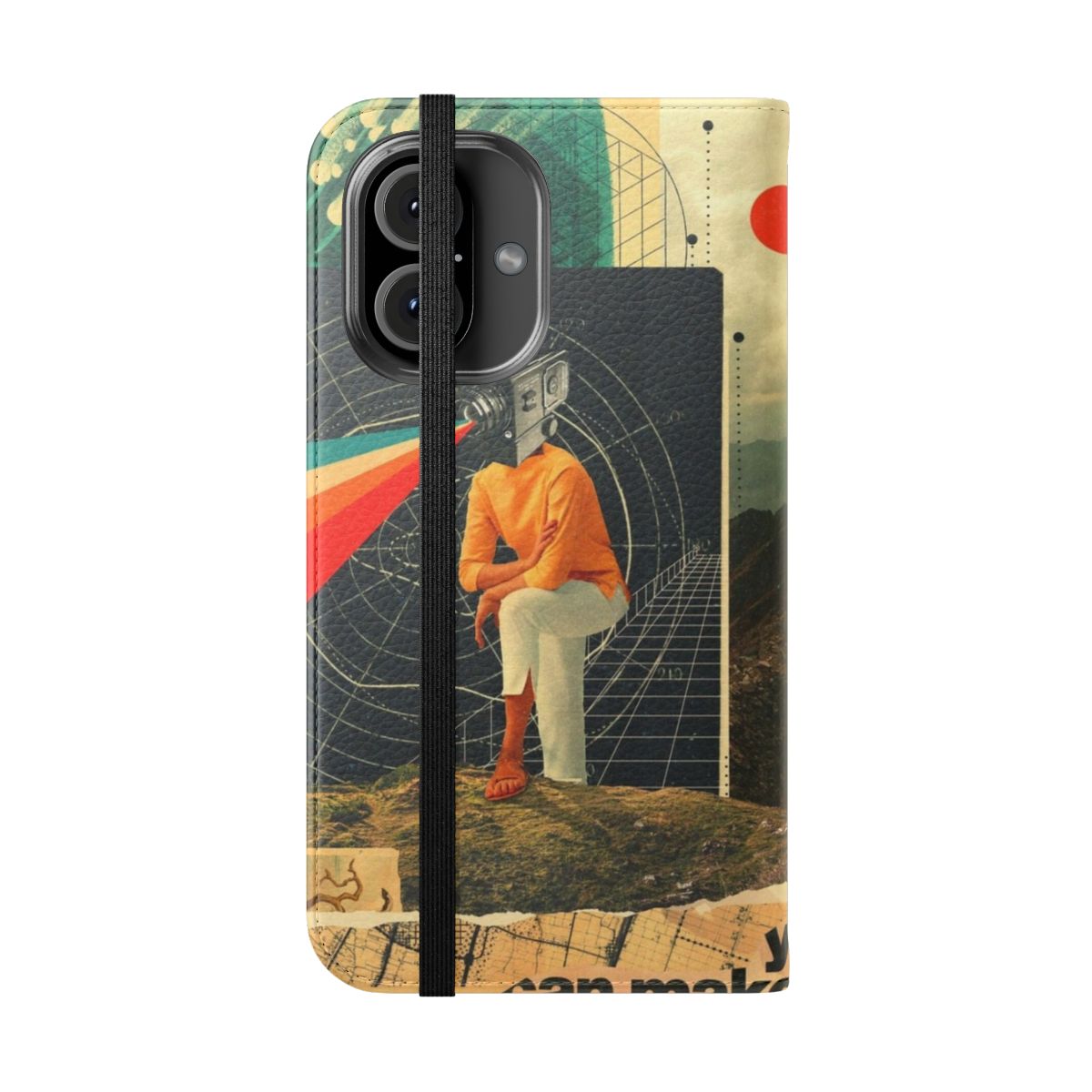 Vibrant and artistic flip phone case with a surreal collage design in retro colors - Folded Front