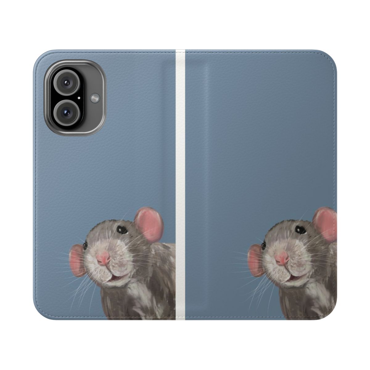 Close-up photo of a cute dumbo rat on a flip phone case