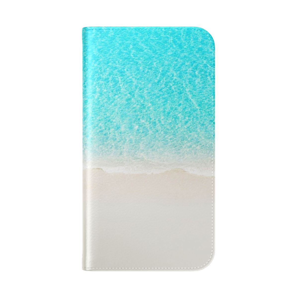 Flip cover phone case featuring a tranquil beach scene with turquoise waves crashing on the shore - Folded Back