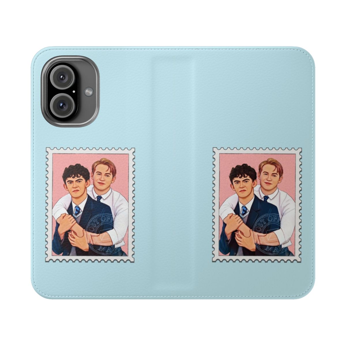 Heartstopper-inspired postage stamp flip phone case featuring characters from the Netflix series