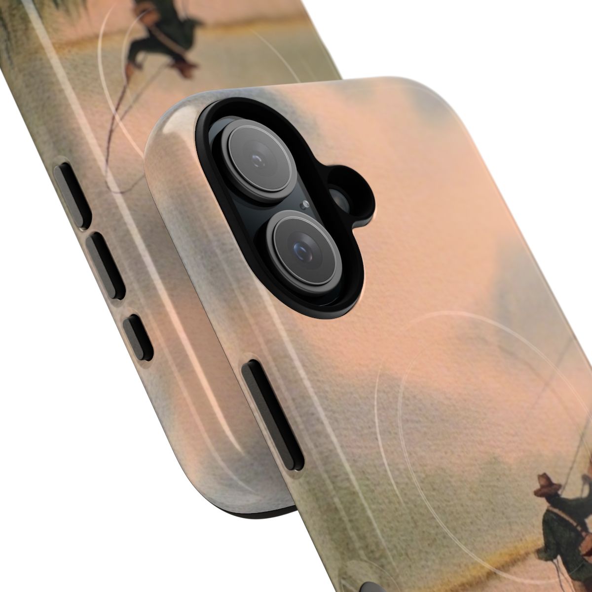 Magnetic tough phone case featuring a fly fisherman and his loyal friend, perfect for outdoor enthusiasts. - Detail