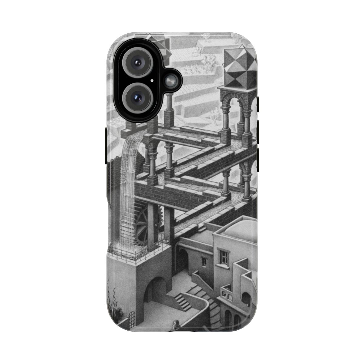 Minimalist phone case featuring the iconic M.C. Escher Impossible Waterfall design