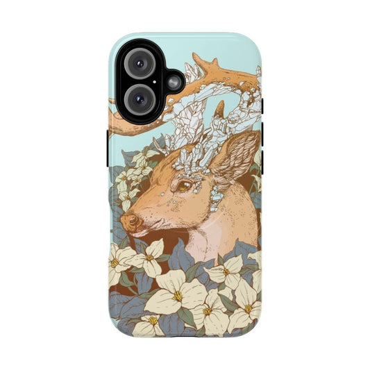 A phone case featuring a non-typical blue quartz buck design against a nature backdrop with trillium flowers.