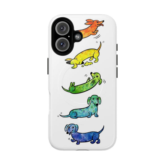 Vibrant watercolor illustration of playful dachshund dogs on a phone case