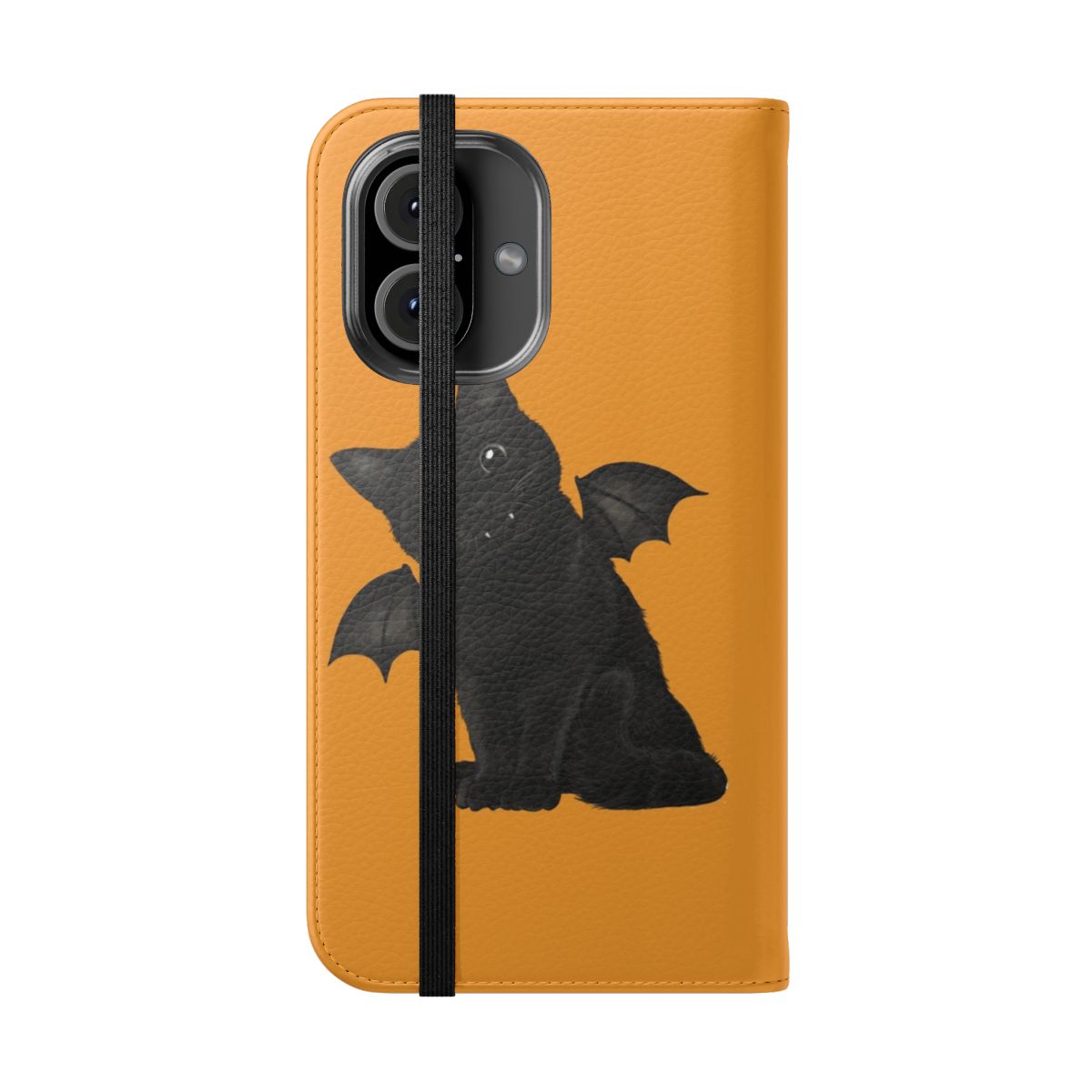 A spooky, dark flip phone case featuring a vampire cat design for cat lovers. - Folded Front