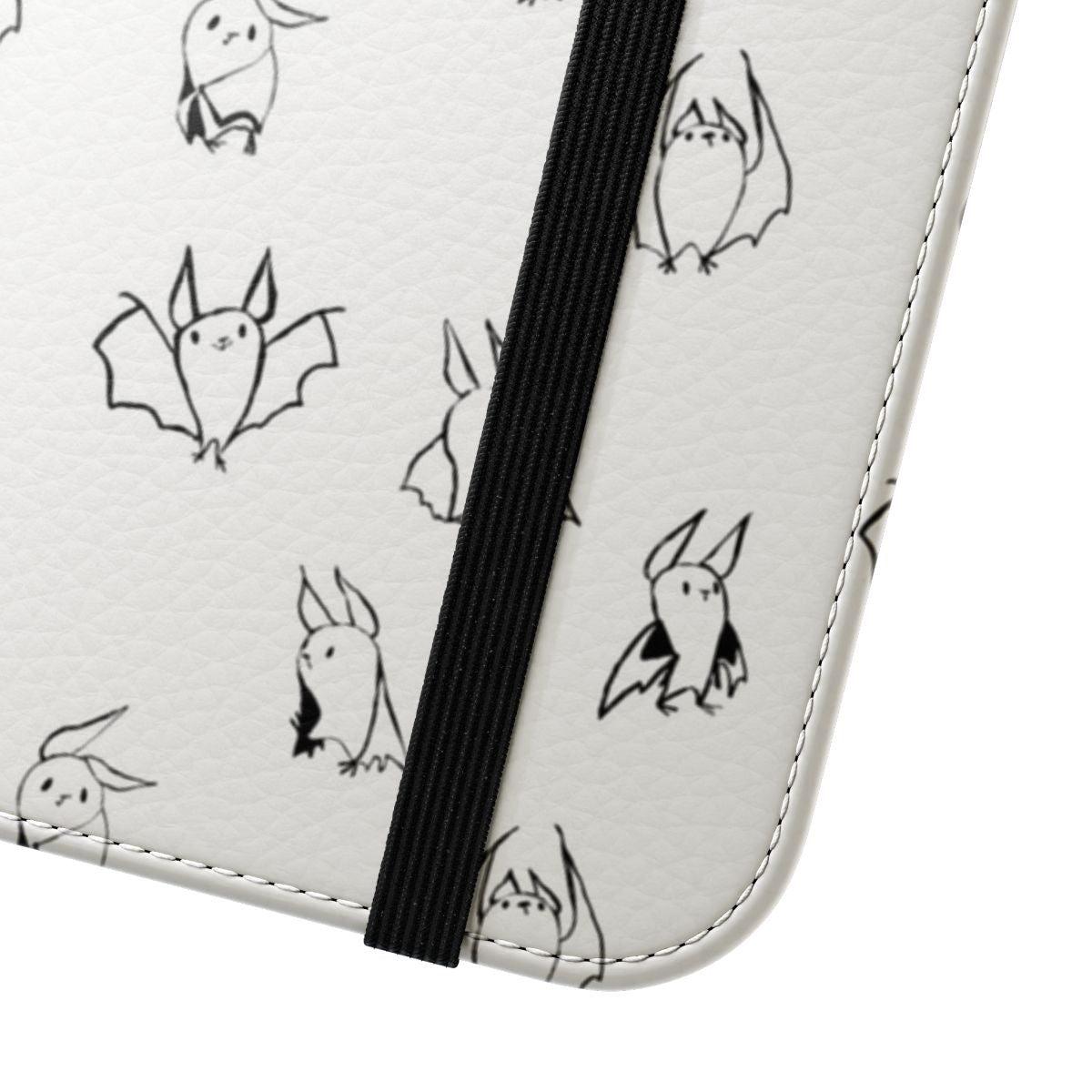 Flip phone case featuring a pattern of cute, small black bats - Close Up