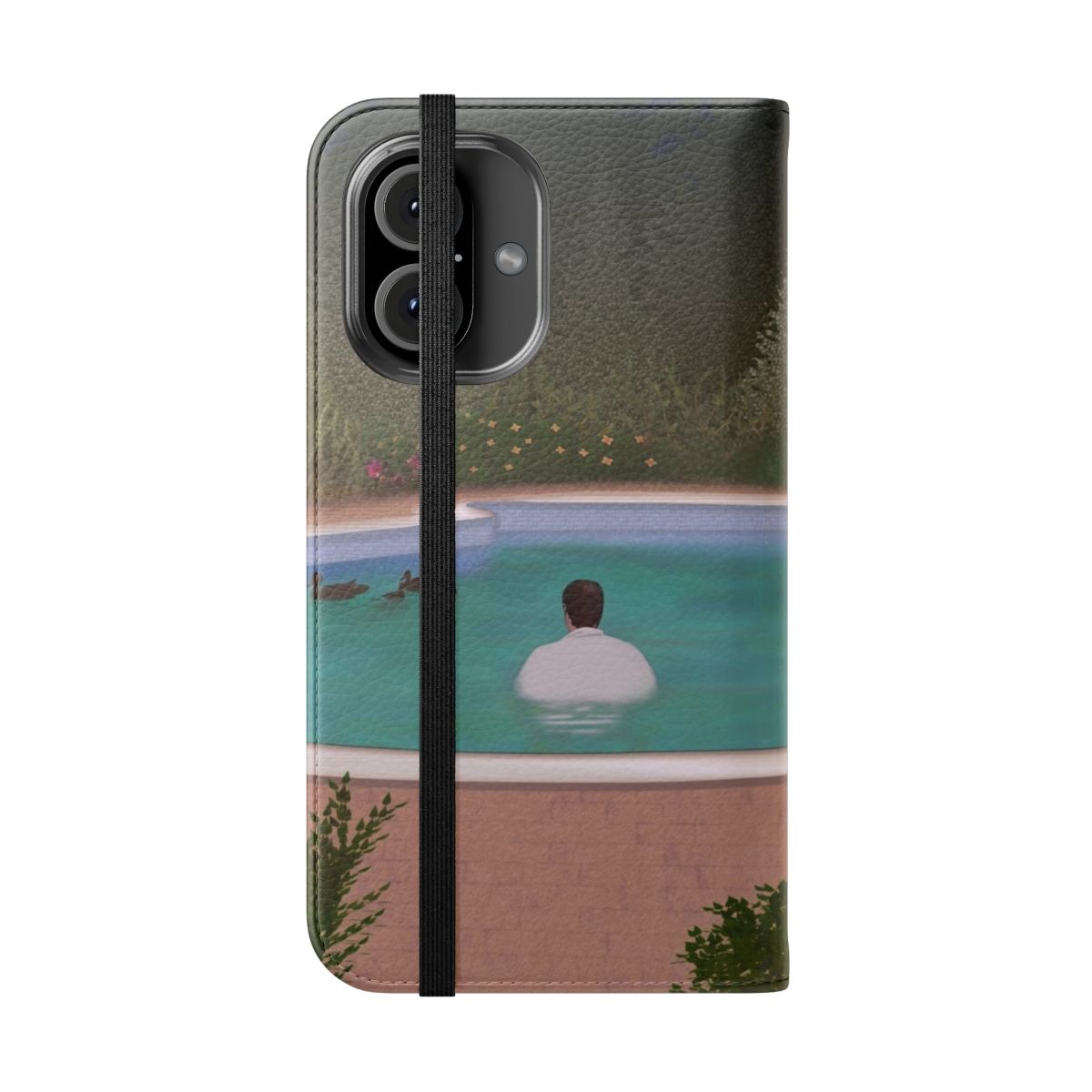 Flip cover phone case featuring design inspired by the iconic Tony Soprano's ducks from the TV series The Sopranos. - Folded Front