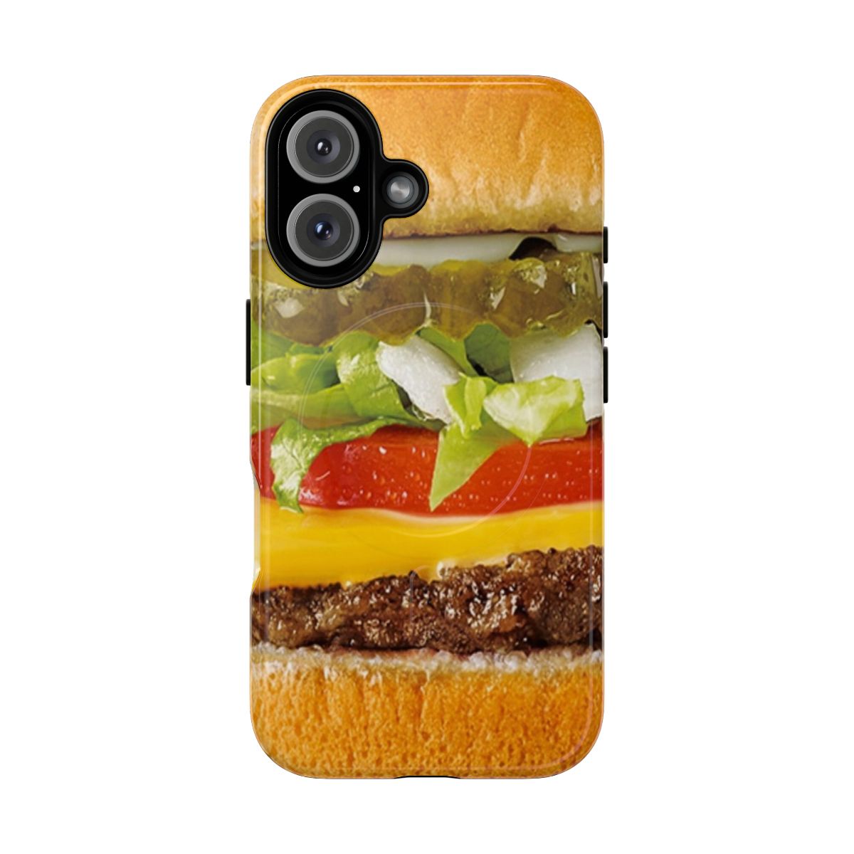 A magnetic tough phone case featuring a juicy cheeseburger design