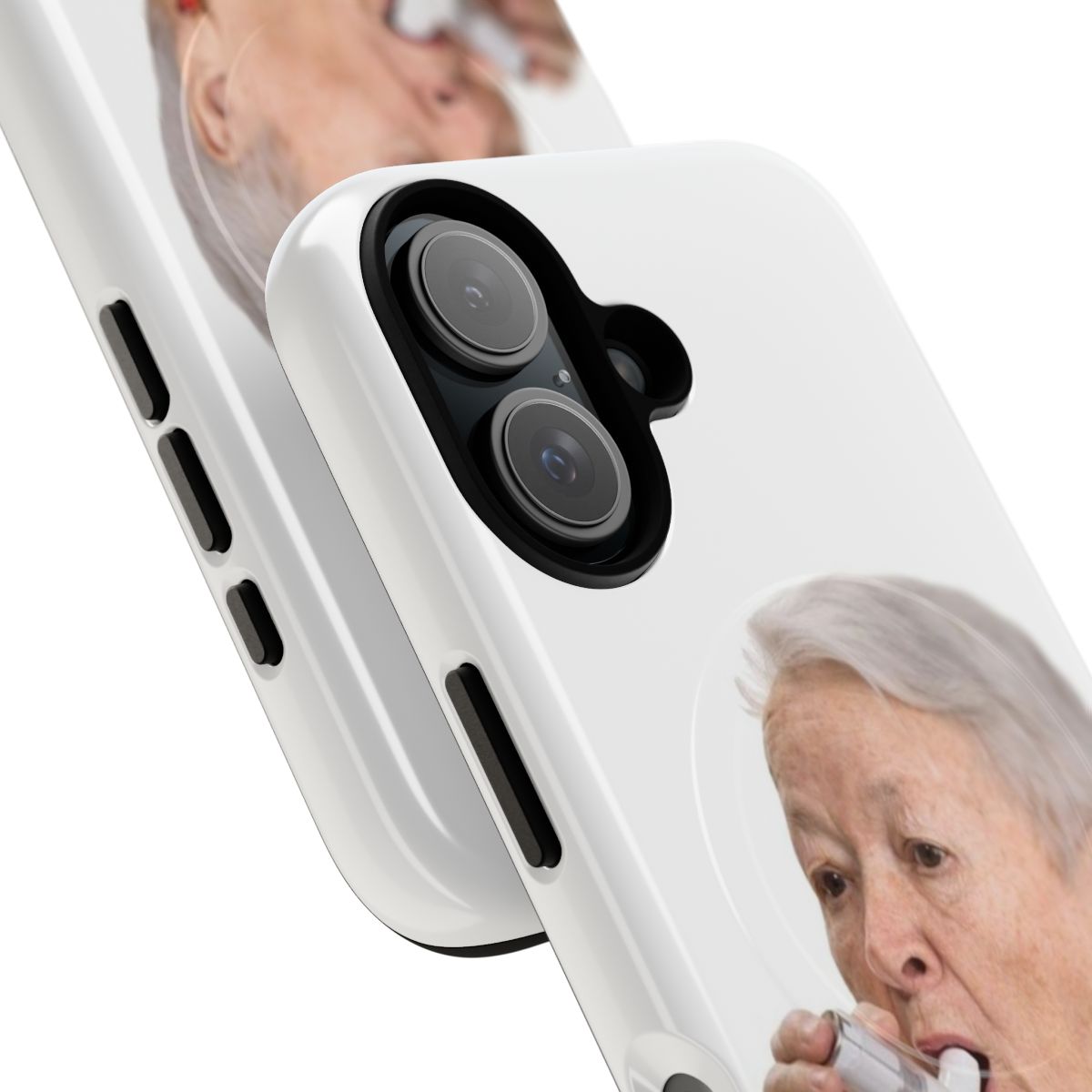 Funny phone case design featuring an old woman using an inhaler - Detail