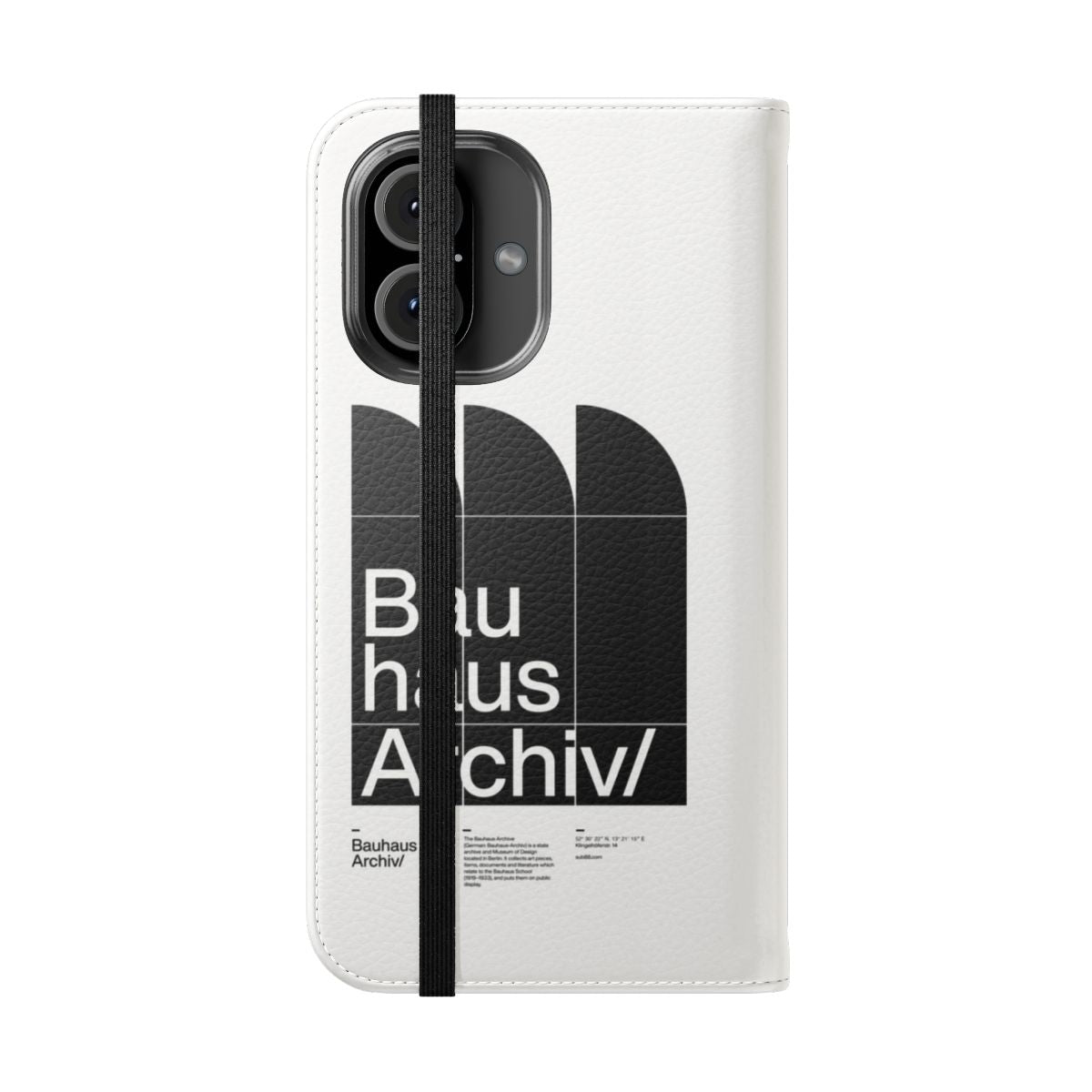 Minimalist Bauhaus-inspired flip cover phone case with modern, typographic design - Folded Front