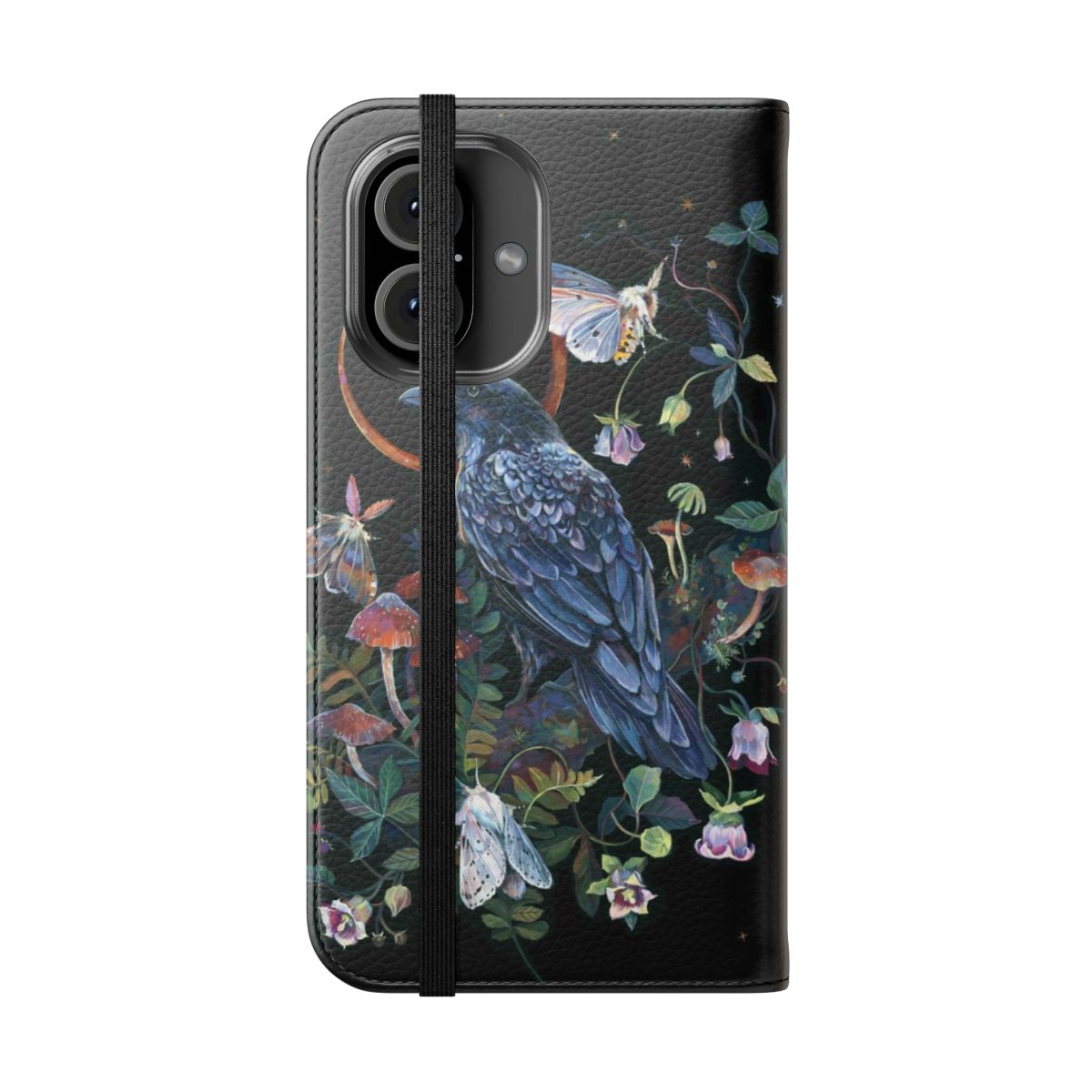 Flip phone case featuring a whimsical moon, raven, and nature-inspired design - Folded Front