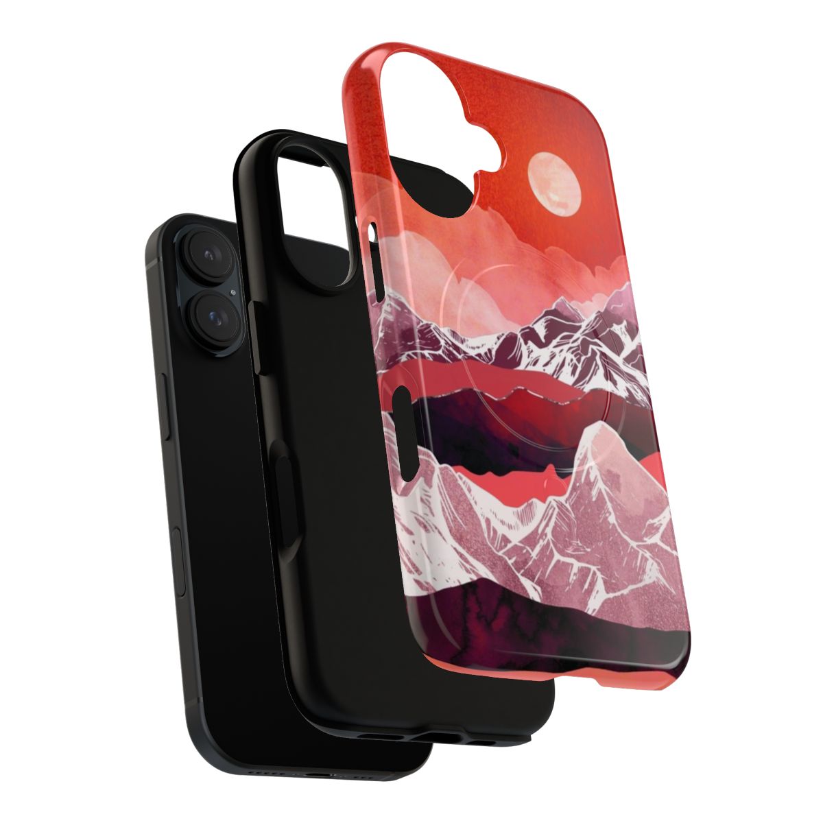 Stylish phone cases featuring a vibrant scarlet and abstract landscape design. - Layers