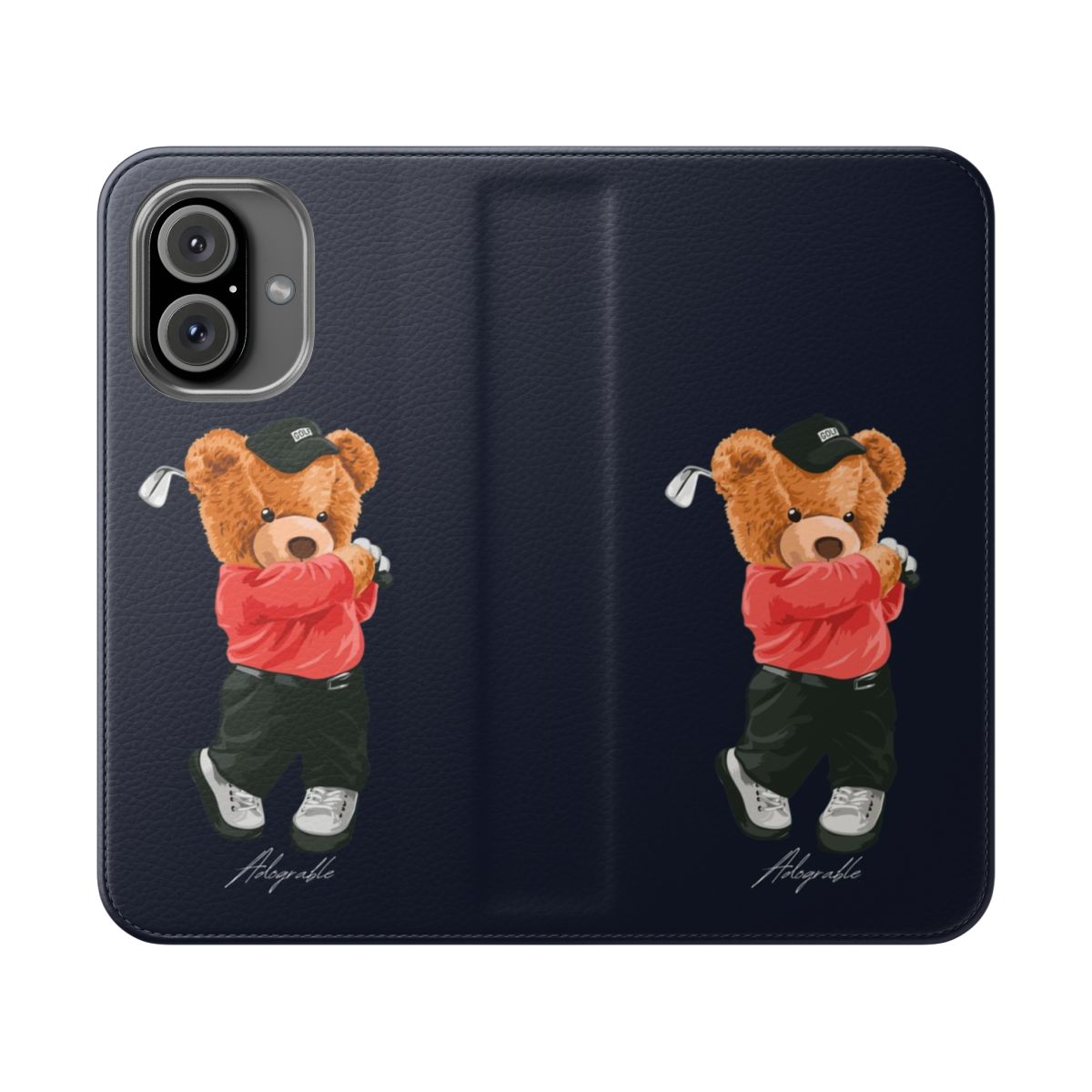 Adorable phone case featuring a cute teddy bear playing golf