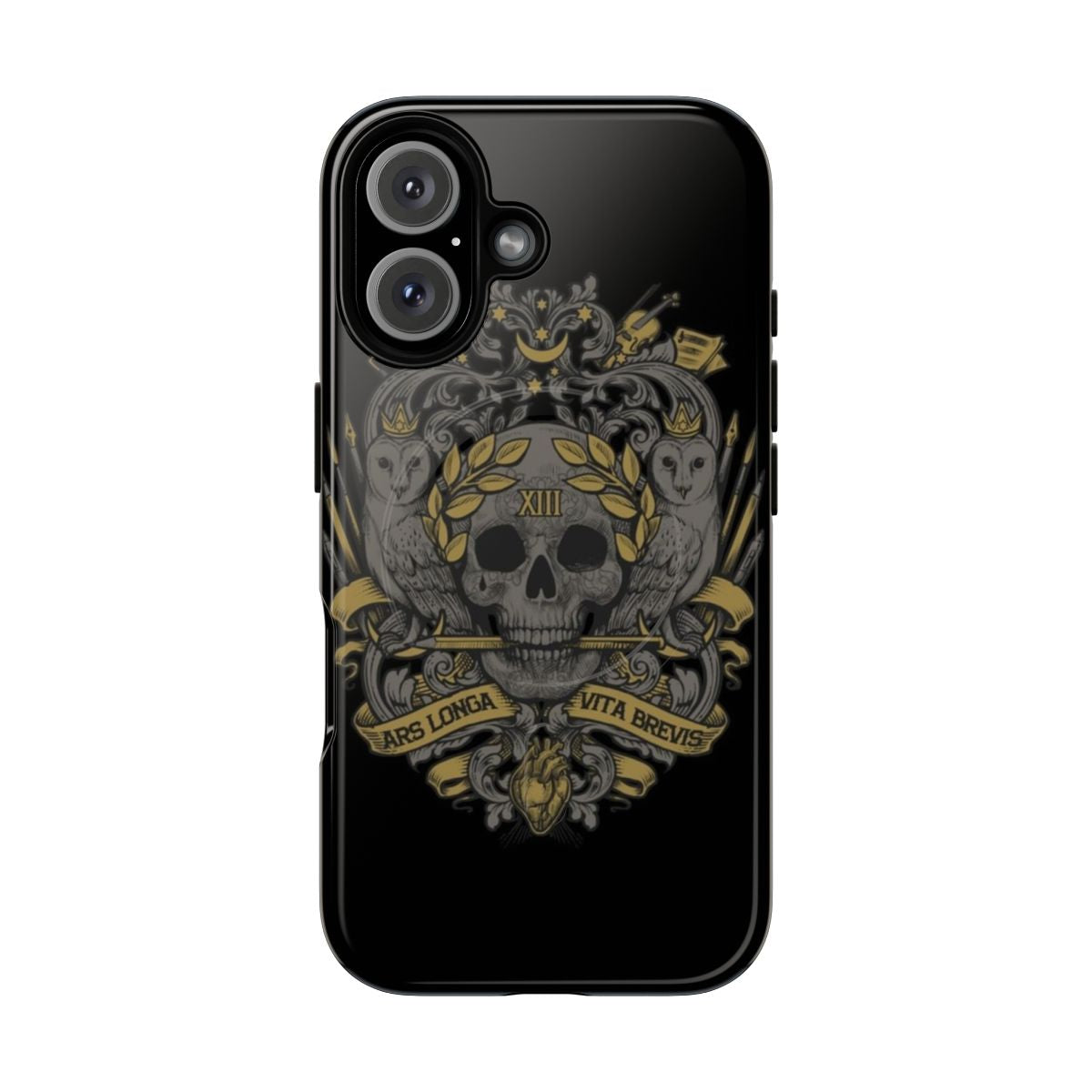 Magnetic tough phone case featuring an artistic design with the phrase "Ars Longa, Vita Brevis" and various artistic elements.