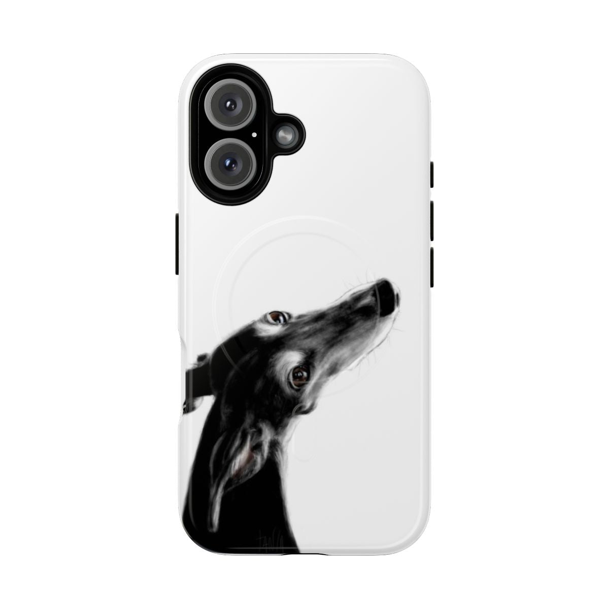 White magnetic tough phone case with greyhound, galgo, and whippet artwork