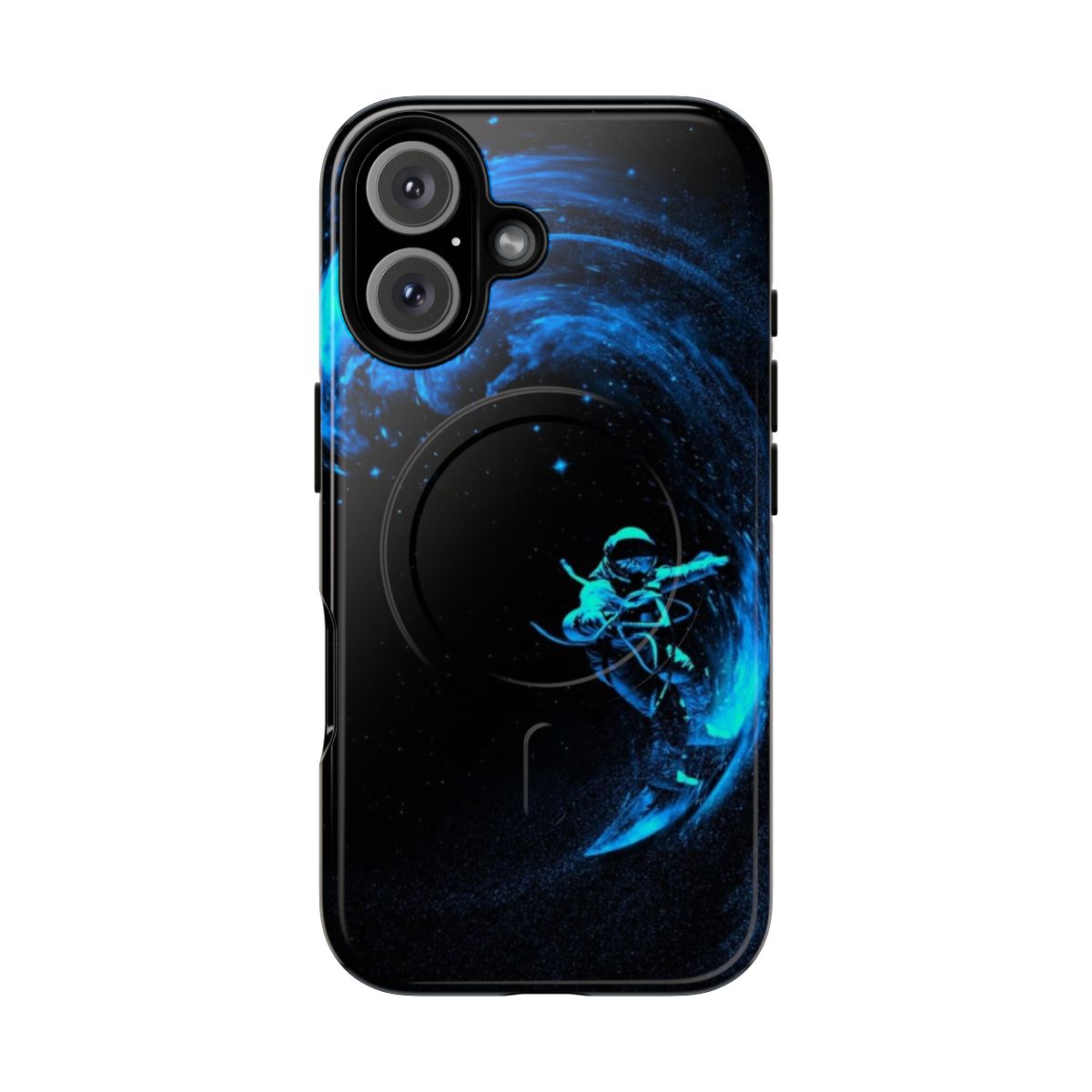 Colorful space-themed magnetic tough phone case with surfing and galaxy design