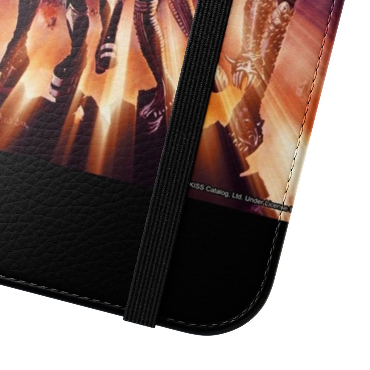 KISS inspired Destroyer album fire logo printed on a mobile phone flip cover case - Close Up