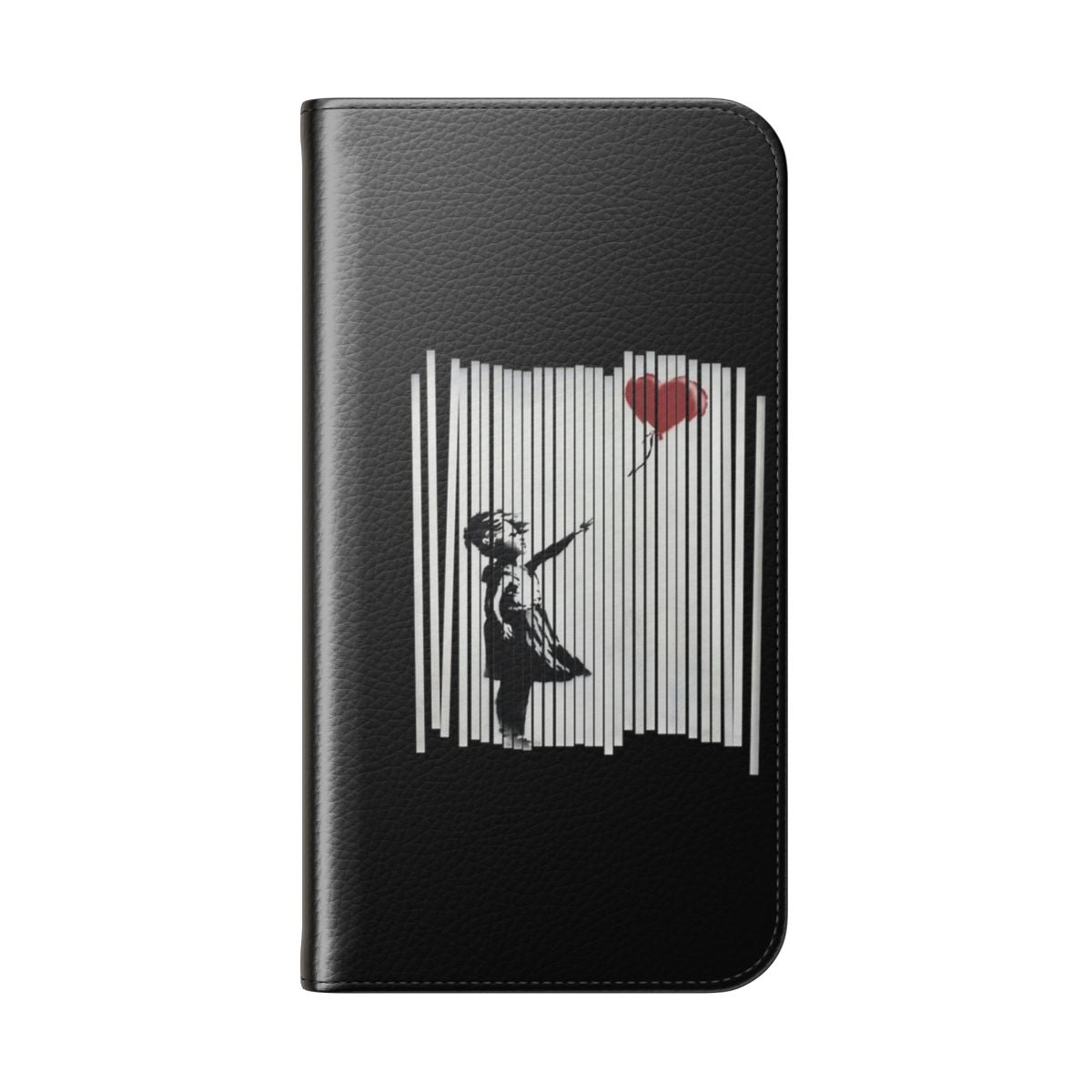 Image of a flip phone case featuring Banksy's shredded balloon girl artwork. - Folded Back