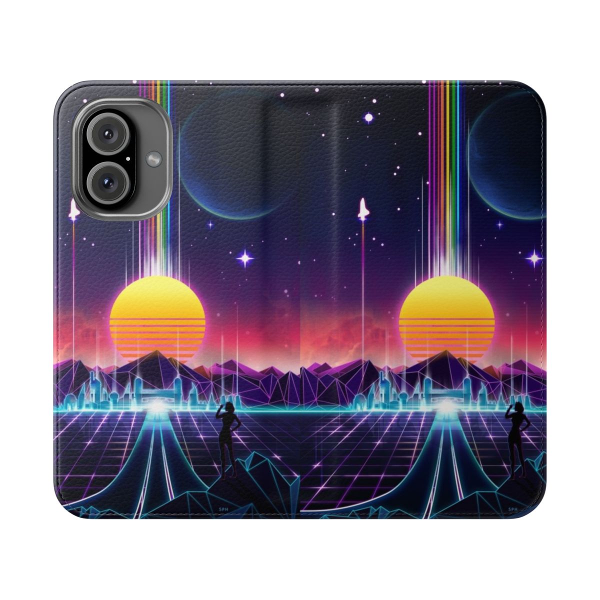 Vibrant neon sunrise design on a flip phone case