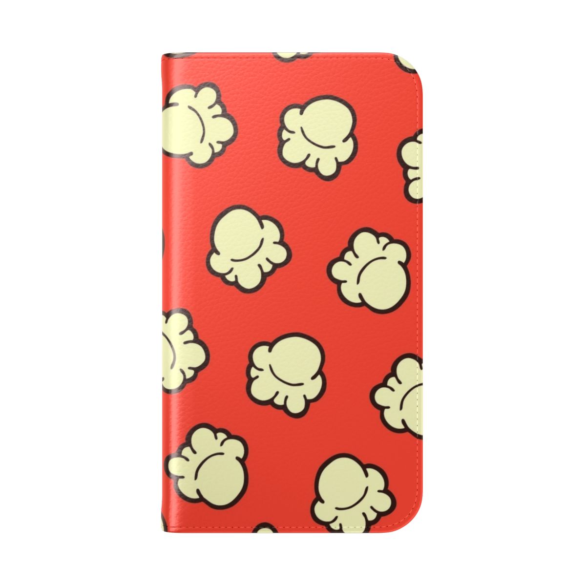 Illustrated popcorn pattern phone case in red, yellow, cream, and brown colors. - Folded Back