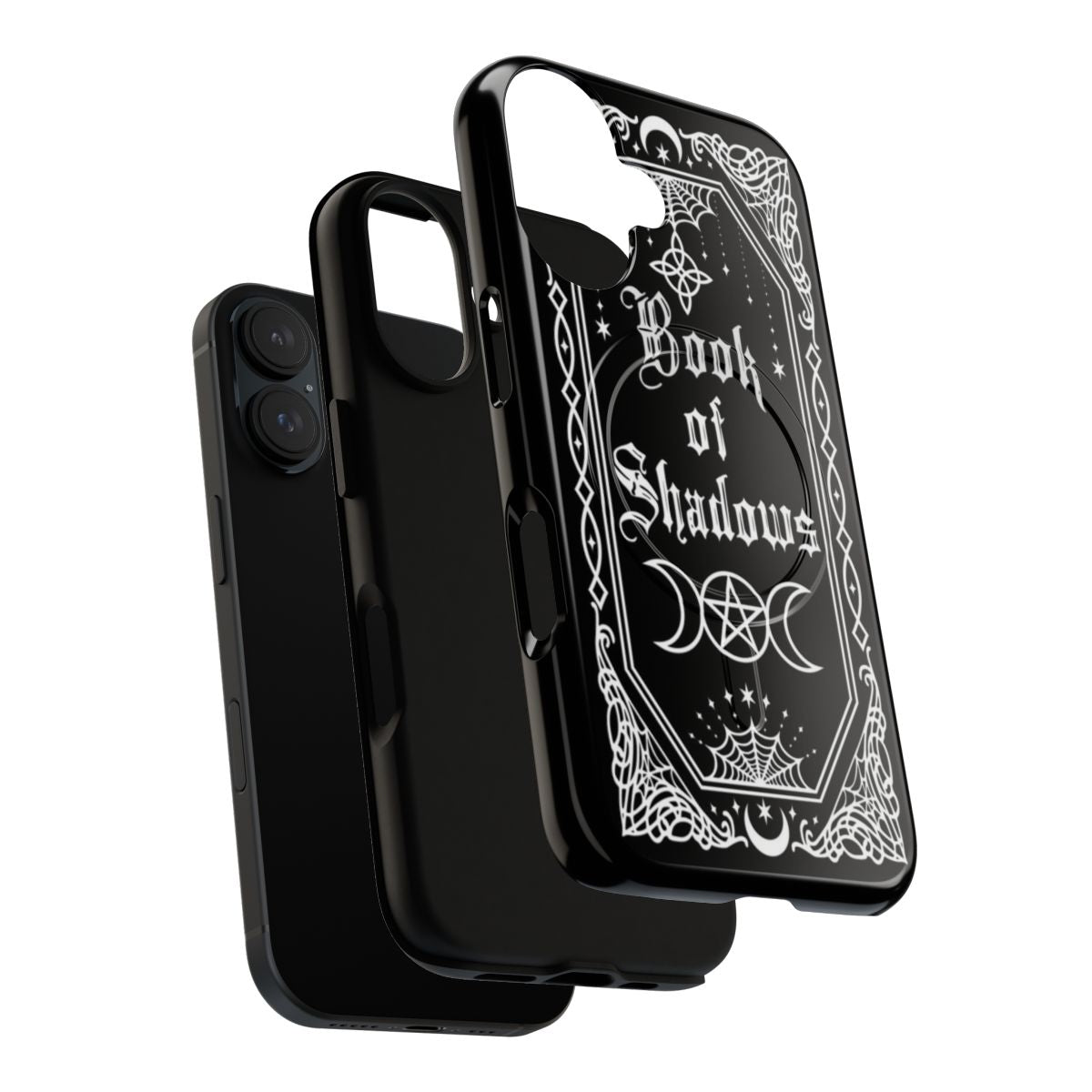 Magnetic phone case featuring a Book of Shadows design with occult symbols and gothic elements. - Layers