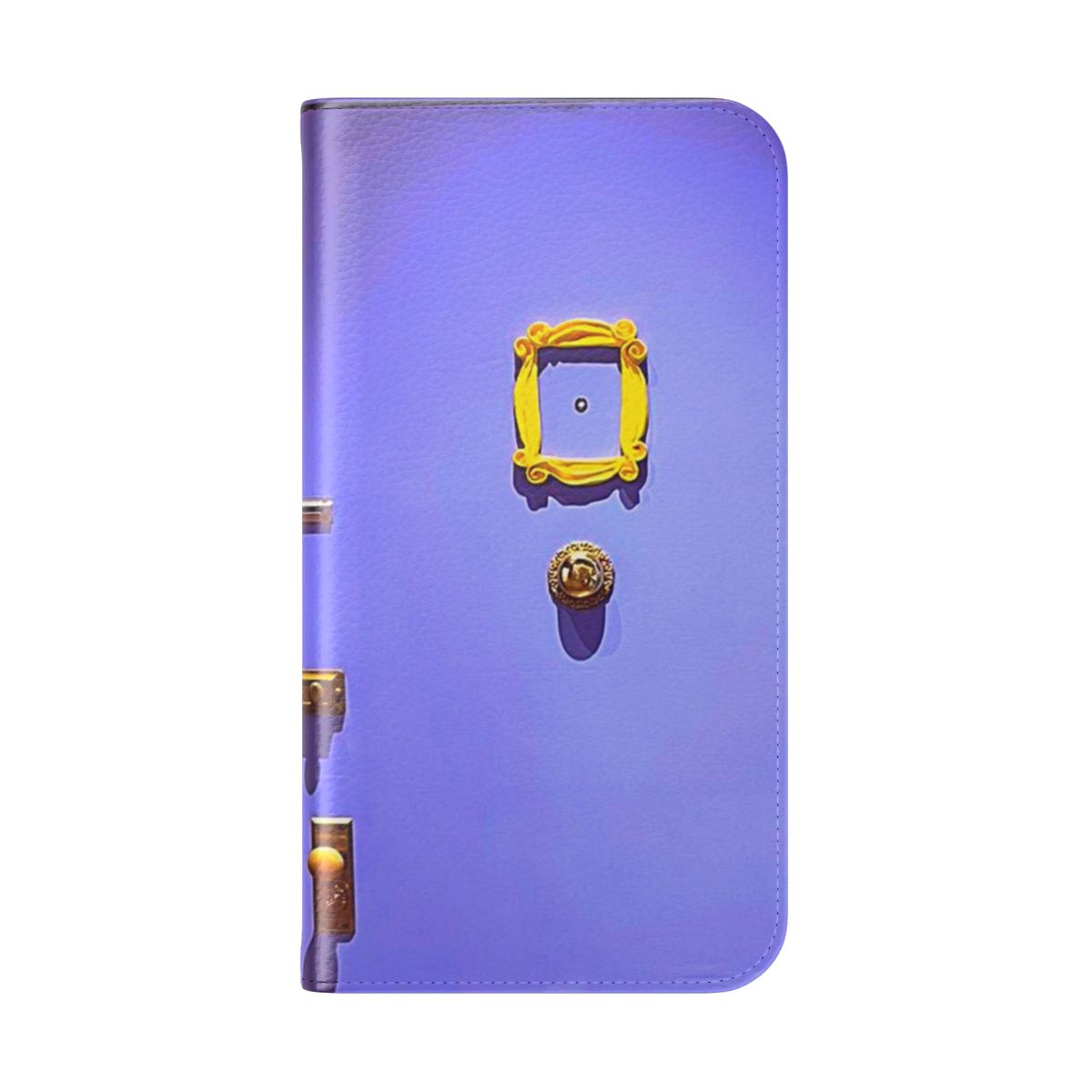 Vibrant purple and yellow phone case with a door-inspired design, perfect for fans of pop culture and New York City living. - Folded Back