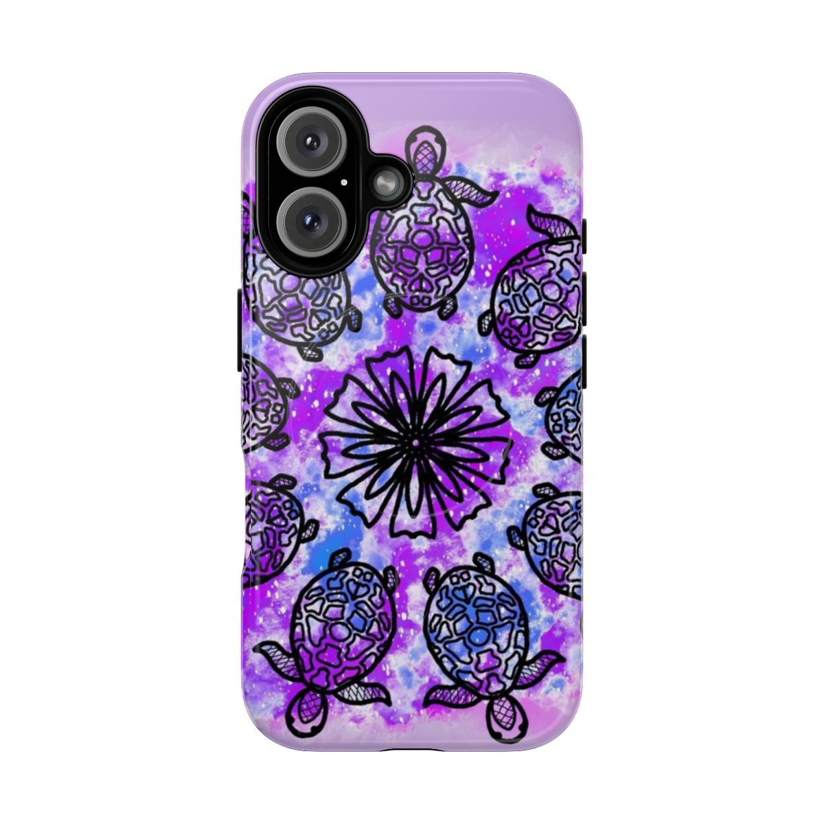 Vivid purple and blue sea turtle mandala design on a protective magnetic phone case