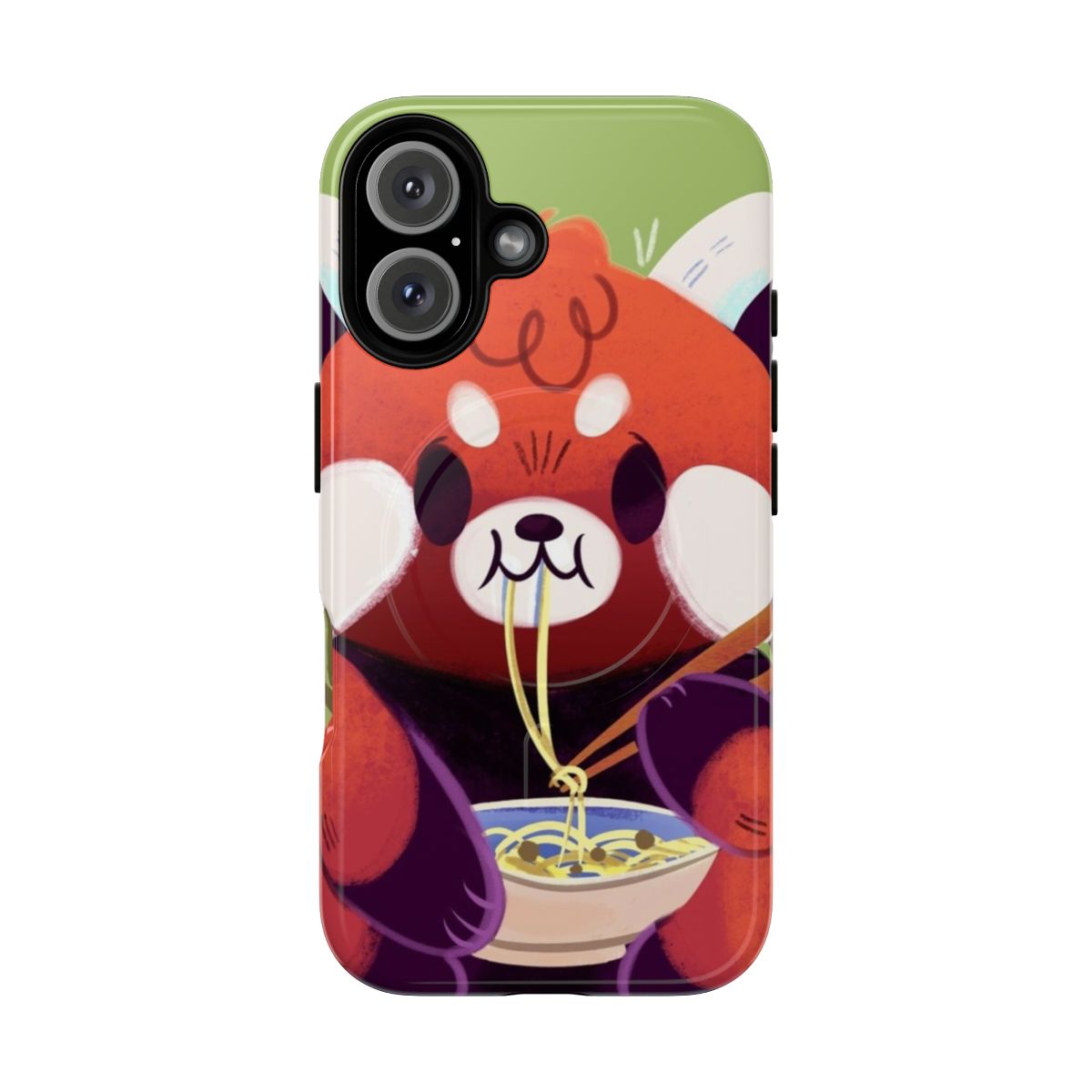 Whimsical illustration of a red panda enjoying a bowl of ramen on a red and green phone case.