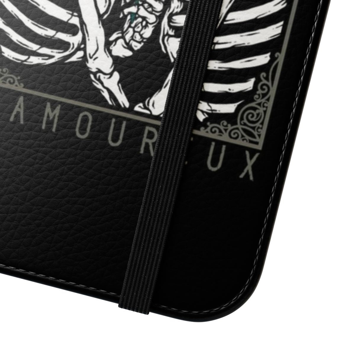 Tarot-inspired gothic phone case featuring the Lovers card design with a skull, flowers, and couple - Close Up