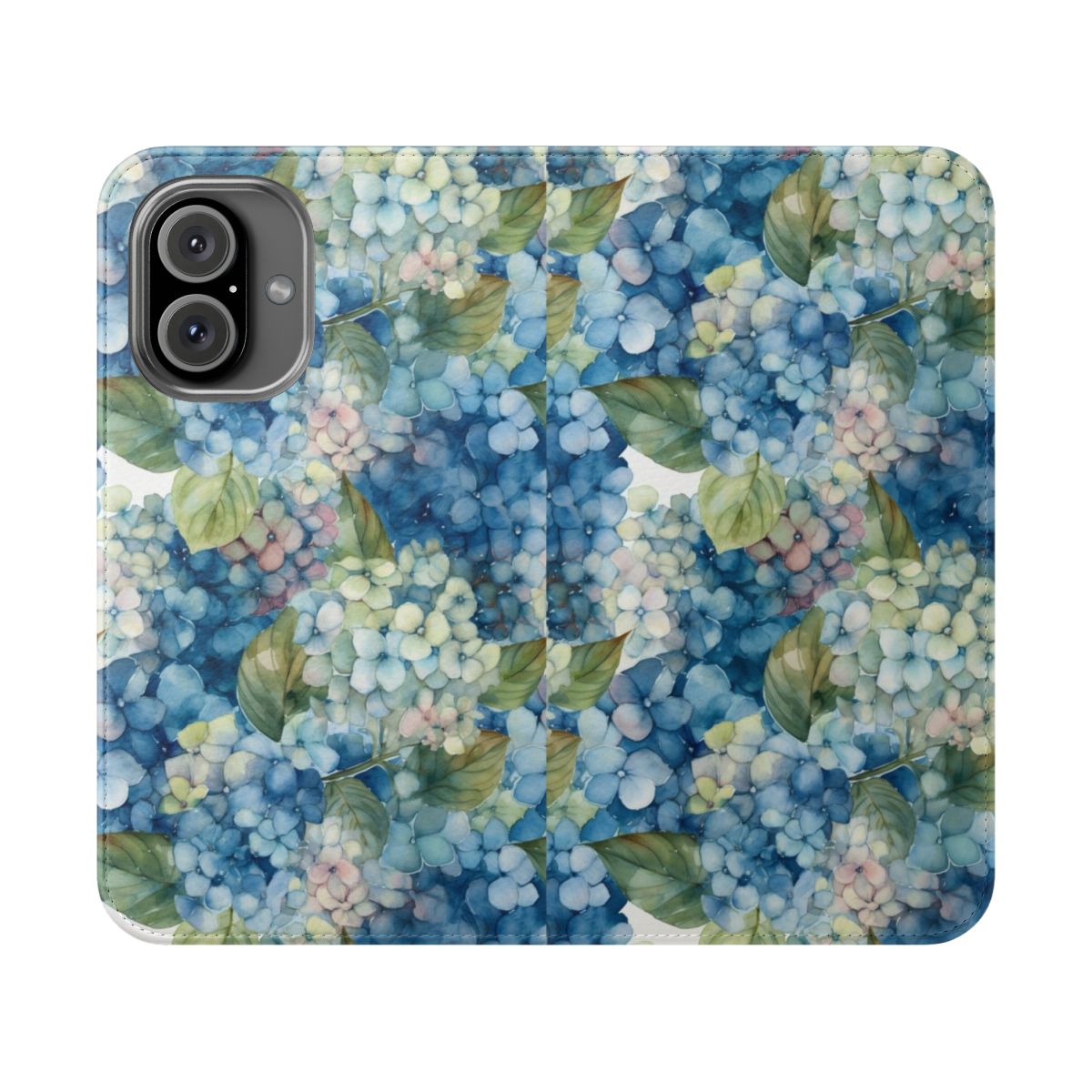 Watercolor hydrangea floral phone case with blue and purple flowers