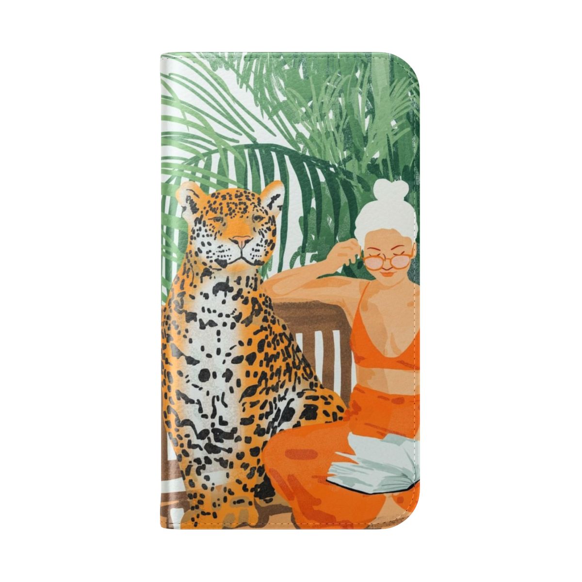 Tropical wildlife phone case with a modern bohemian design featuring a blonde woman in a jungle setting. - Folded Back