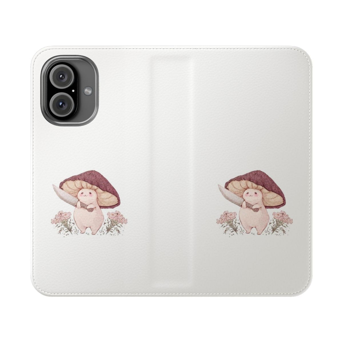 Flip cover phone case featuring a whimsical mushroom design in a fantasy forest setting