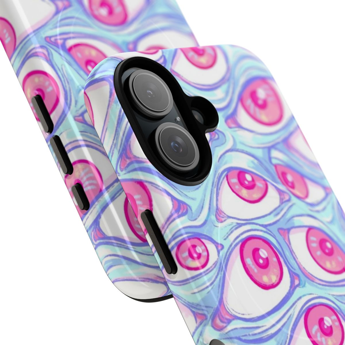 A phone case with a repeating pattern of bizarre, spooky eyeballs in shades of blue. - Detail