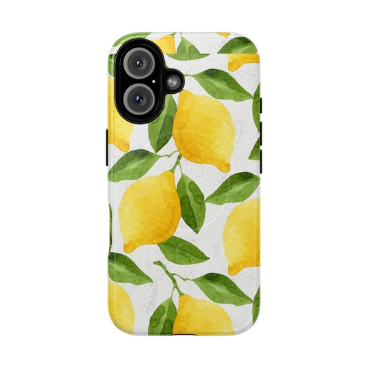 Watercolor lemon pattern phone case with green leaves and yellow citrus fruit