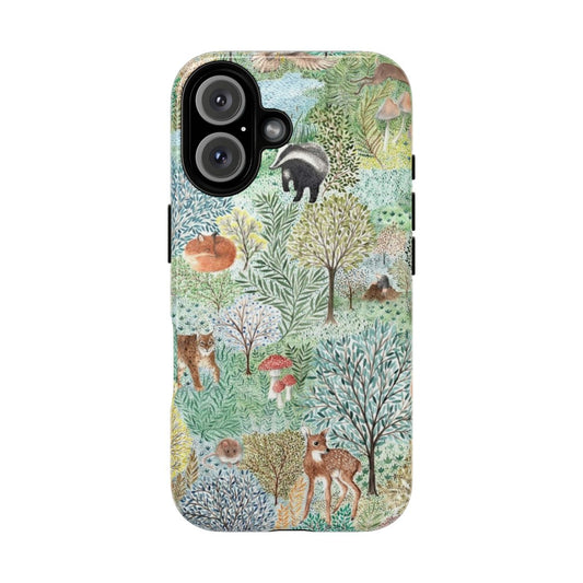 Artistic phone case featuring illustrations of woodland creatures and nature elements in the Windermere style.