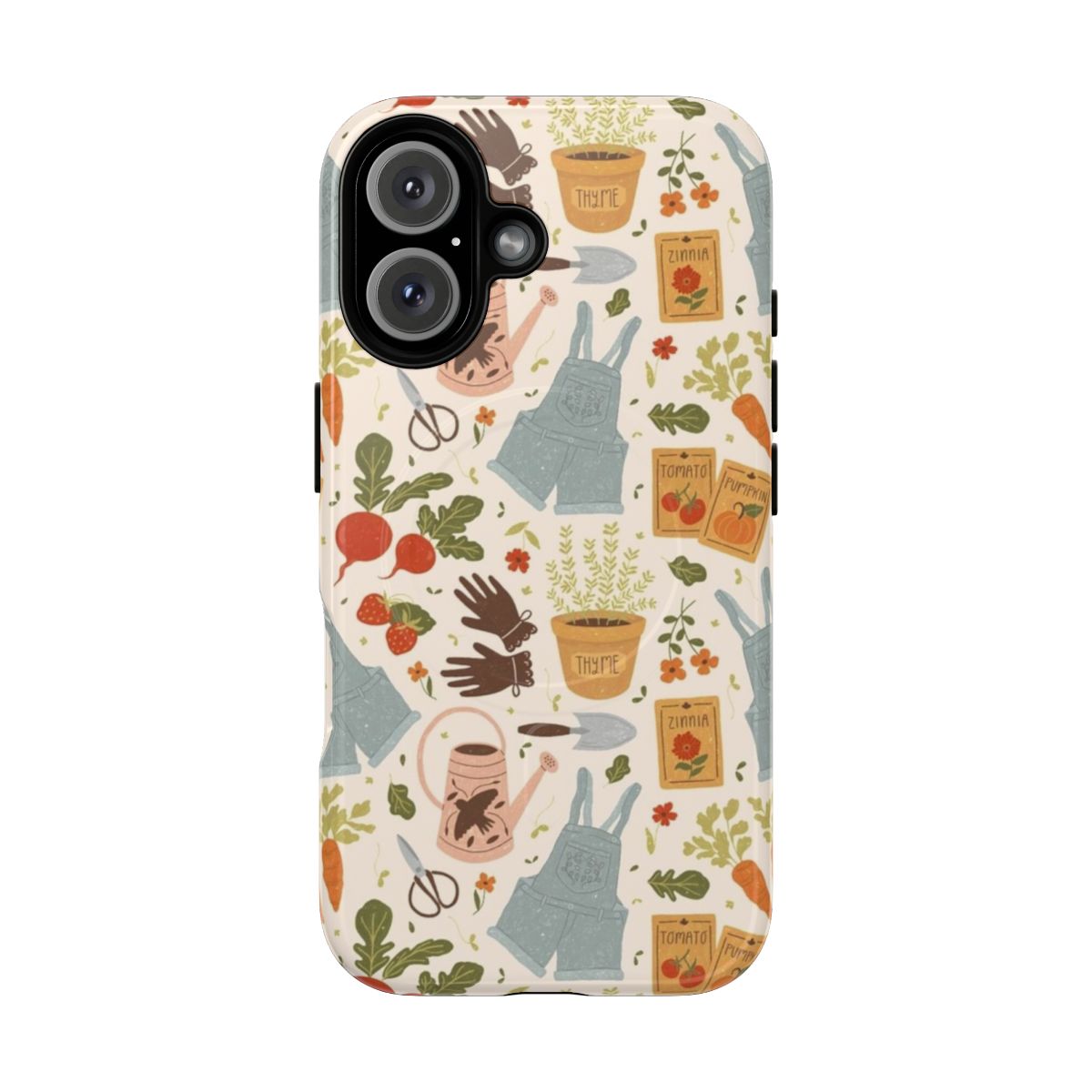 A phone case featuring gardening-themed design elements like plants, vegetables, and garden tools