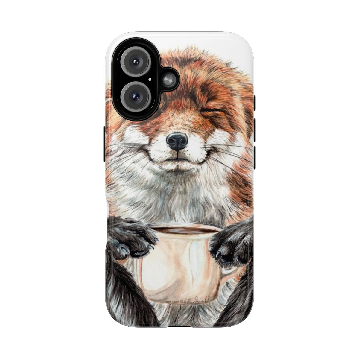 Magnetic Tough Phone Case featuring a cute illustration of a red fox with a cup of coffee.