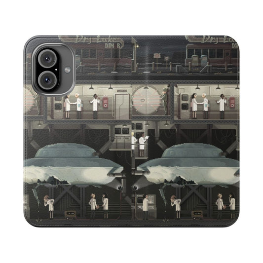 Retro-style pixel art phone case cover with flip design