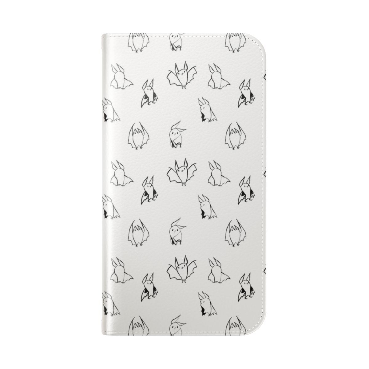 Flip phone case featuring a pattern of cute, small black bats - Folded Back