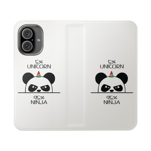 Whimsical unicorn, ninja, and panda print on a flip phone case