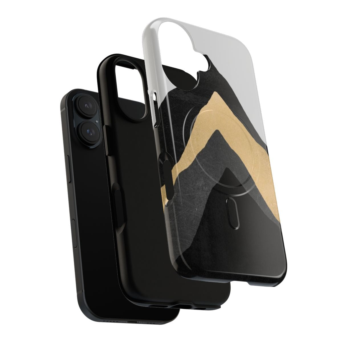 Tough phone case with a minimalist geometric mountain graphic design in gold and black. - Layers