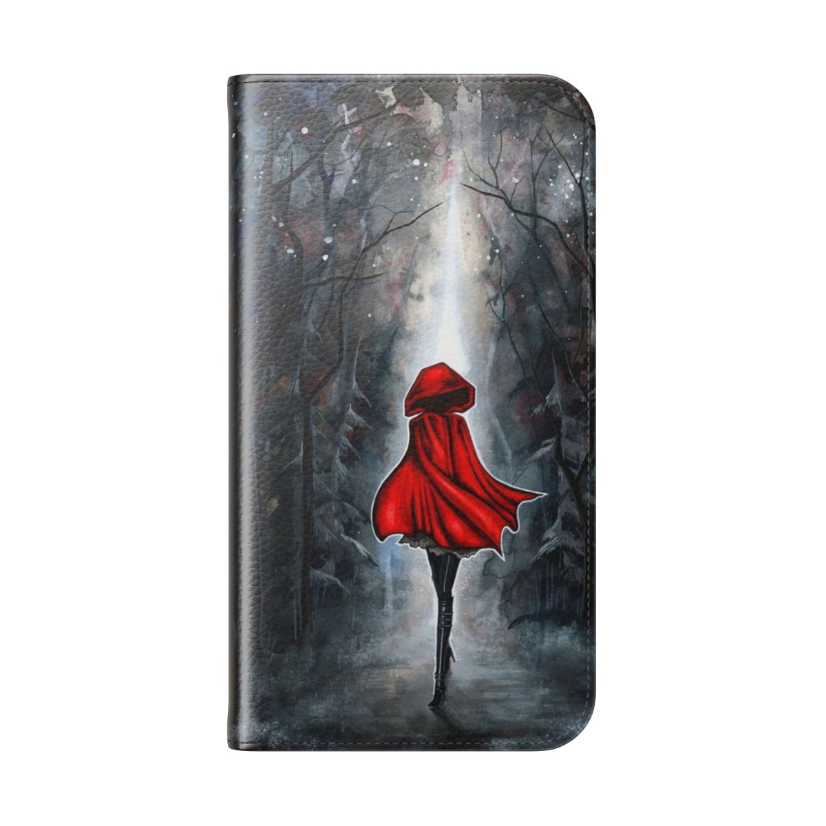 Dark and surreal watercolor illustration of Little Red Riding Hood on a flip phone case - Folded Back