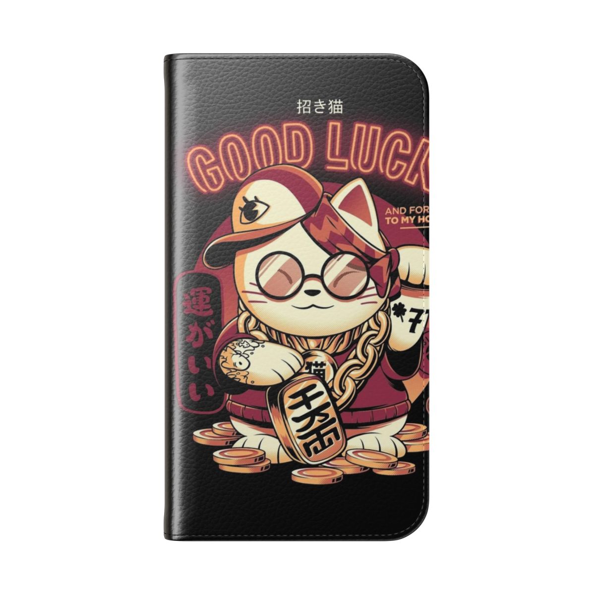 Stylish flip cover phone case featuring a lucky maneki neko cat design - Folded Back