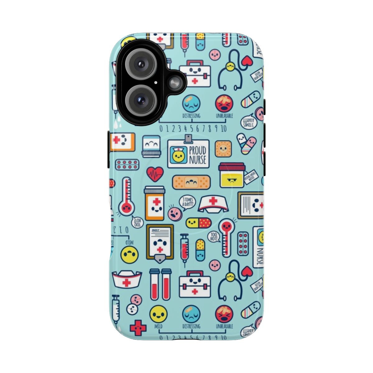 Blue phone case with a cute nurse-themed surface pattern design