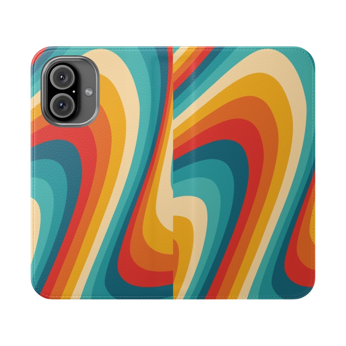 Retro-style phone case with a fluid, colorful design