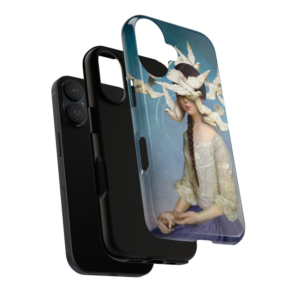 Artistic magnetic tough phone case with a fantasy design featuring a girl, birds, and a dove in a surreal, dreamlike scene. - Layers