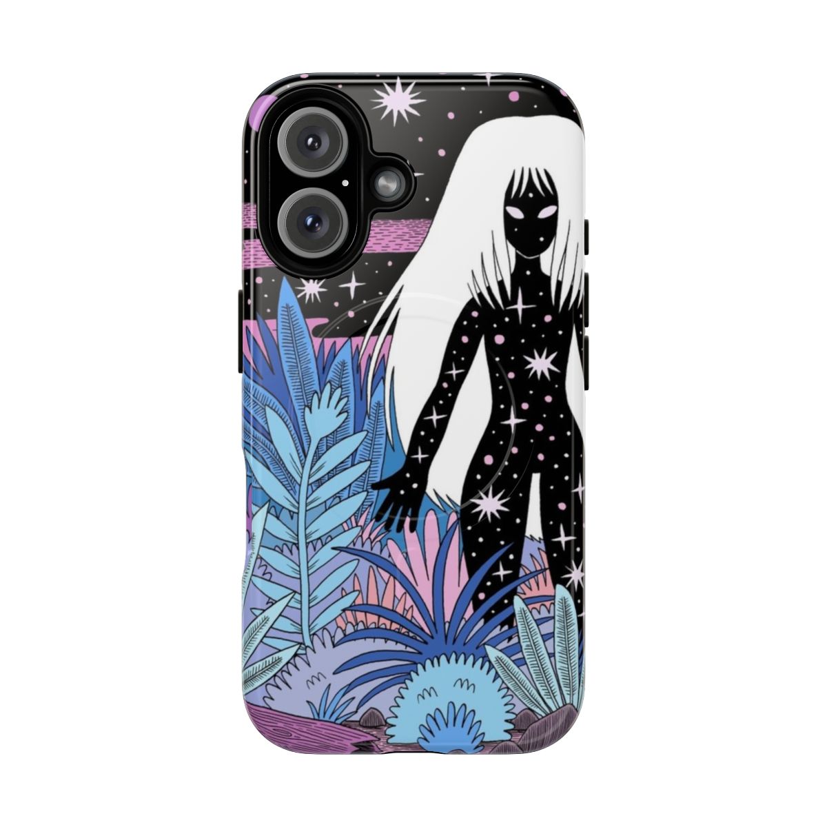 Artistic phone case design featuring a goddess figure with cosmic elements like stars, planets, and swirling energy.