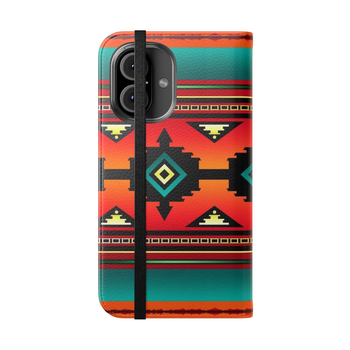 Teal and vibrant Navajo-inspired phone case with intricate geometric patterns and a canyon landscape design - Folded Front