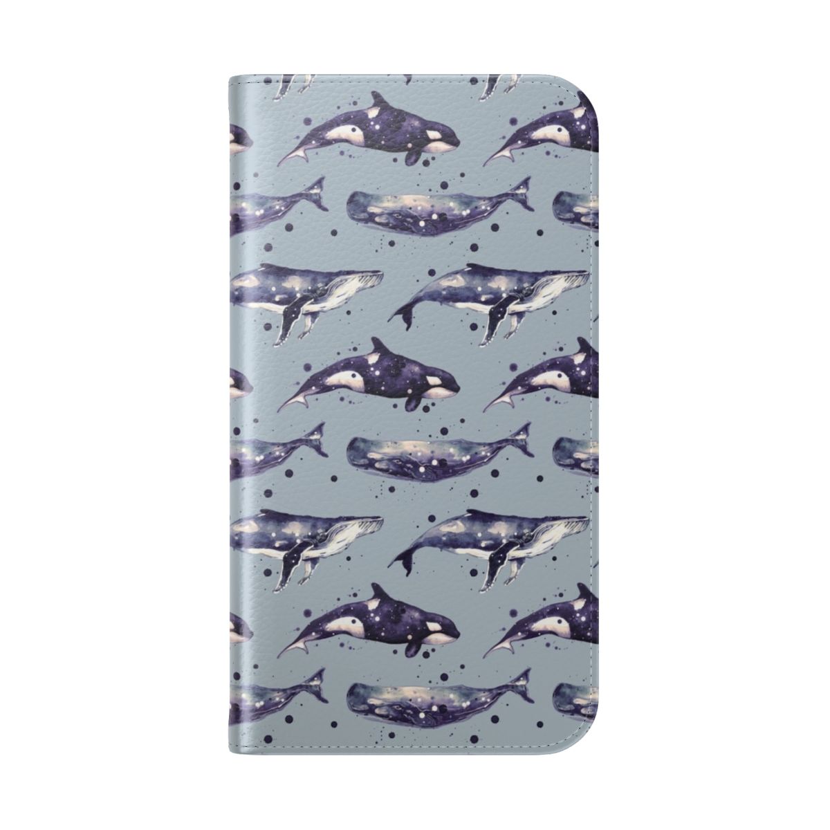 Watercolor painting of three whales - orca, sperm, and humpback - in shades of blue on a grey flip cover phone case - Folded Back