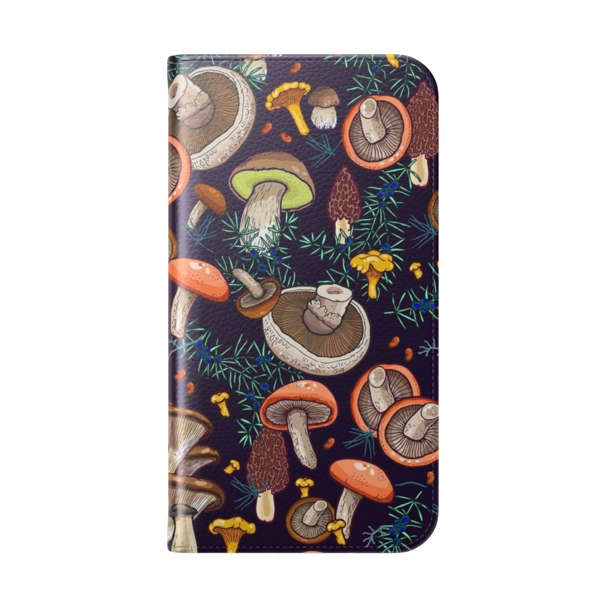 Detailed phone case featuring a whimsical forest scene with various mushrooms and botanical elements - Folded Back